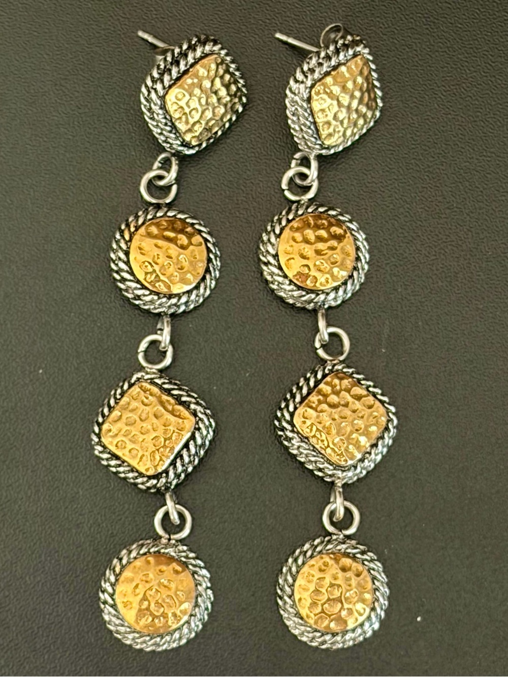 EMMA SKYE DSMK STAINLESS STEEL TWO TONE HAMMERED DANGLE DROP EARRINGS 2.5”